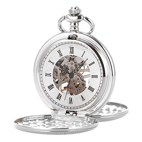 Reloj de bolsillo – Caja doble lisa SIBOSUN Movimiento mecánico esqueleto plata c…