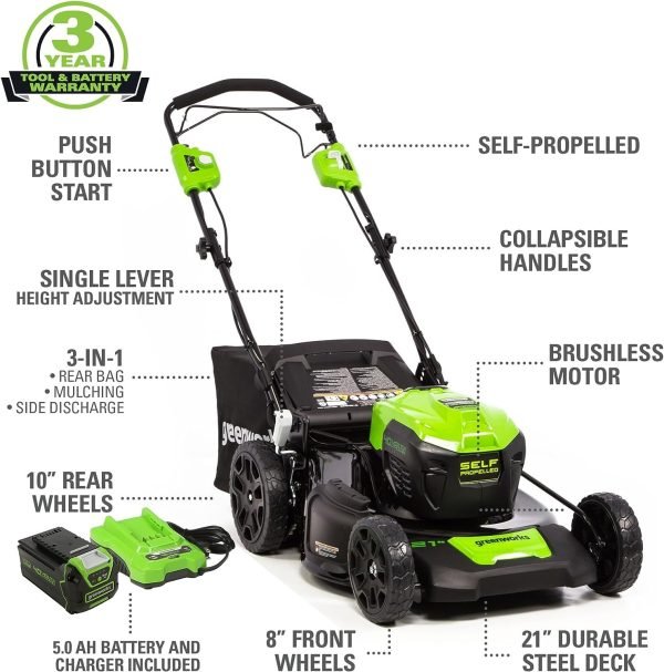 Greenworks Cortacésped autopropulsado de 40 V 21 pulgadas, soplador axial de hojas - Imagen 4